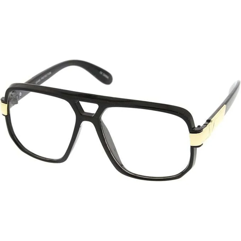 Oversized Aviator Glasses Black Frame Gold Accent Clear Lenses Women Eyewear New